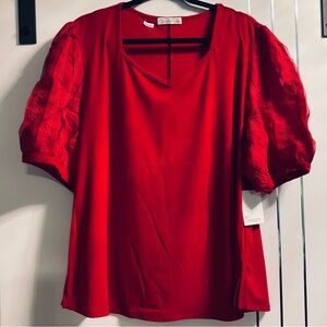 89th+Madison 3X Dark Red Puffy Pleated Sleeve Blouse